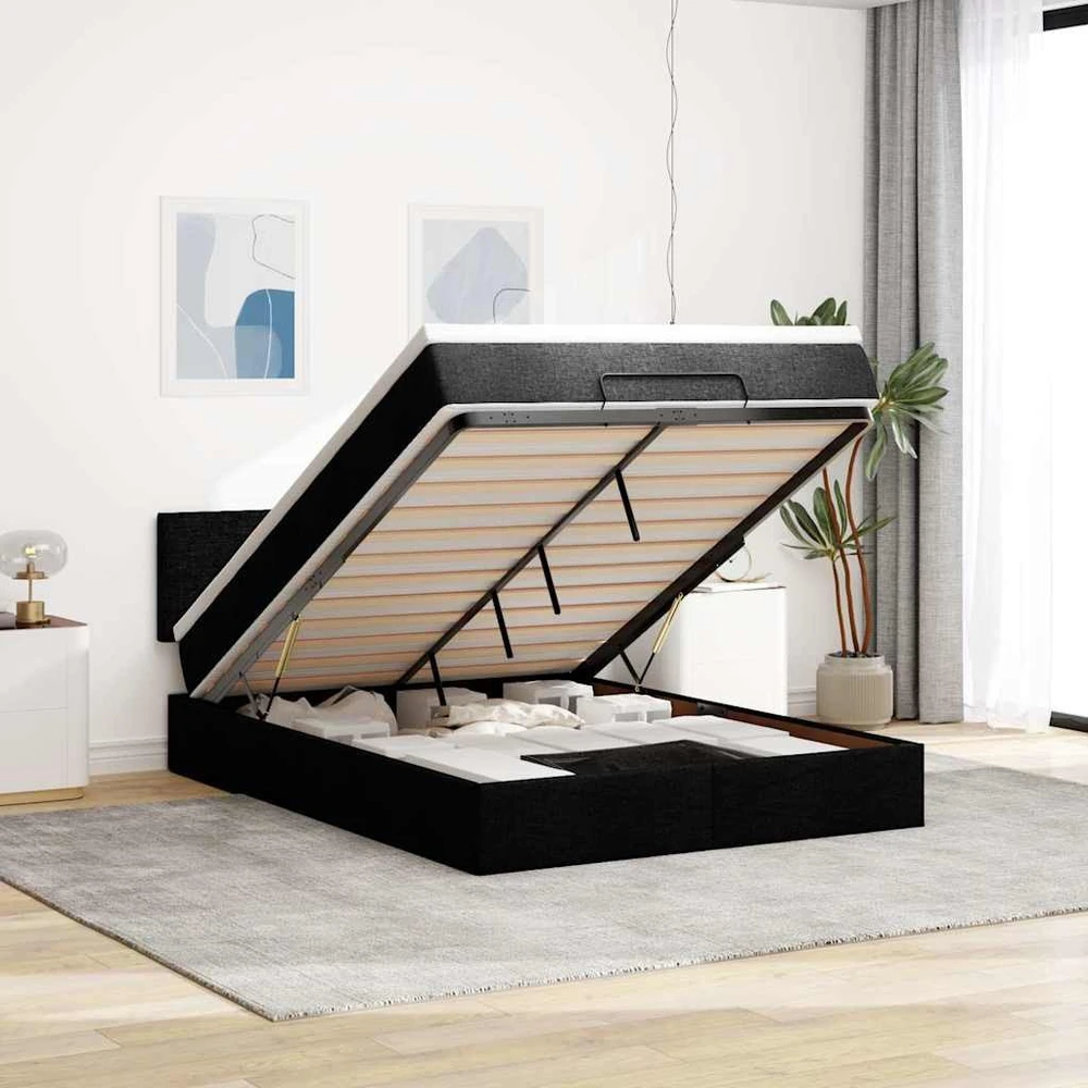 Osmanų lova su čiužiniu ir LED juodas 140x190cm audinys