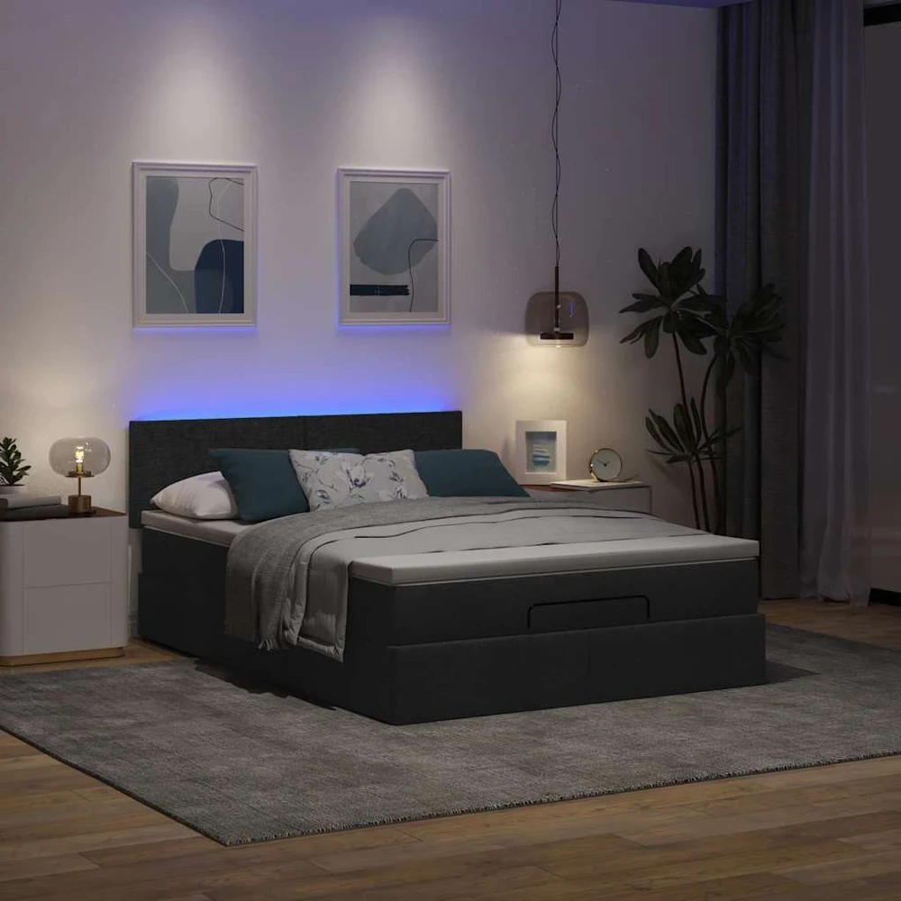 Osmanų lova su čiužiniu ir LED juodas 140x190cm audinys