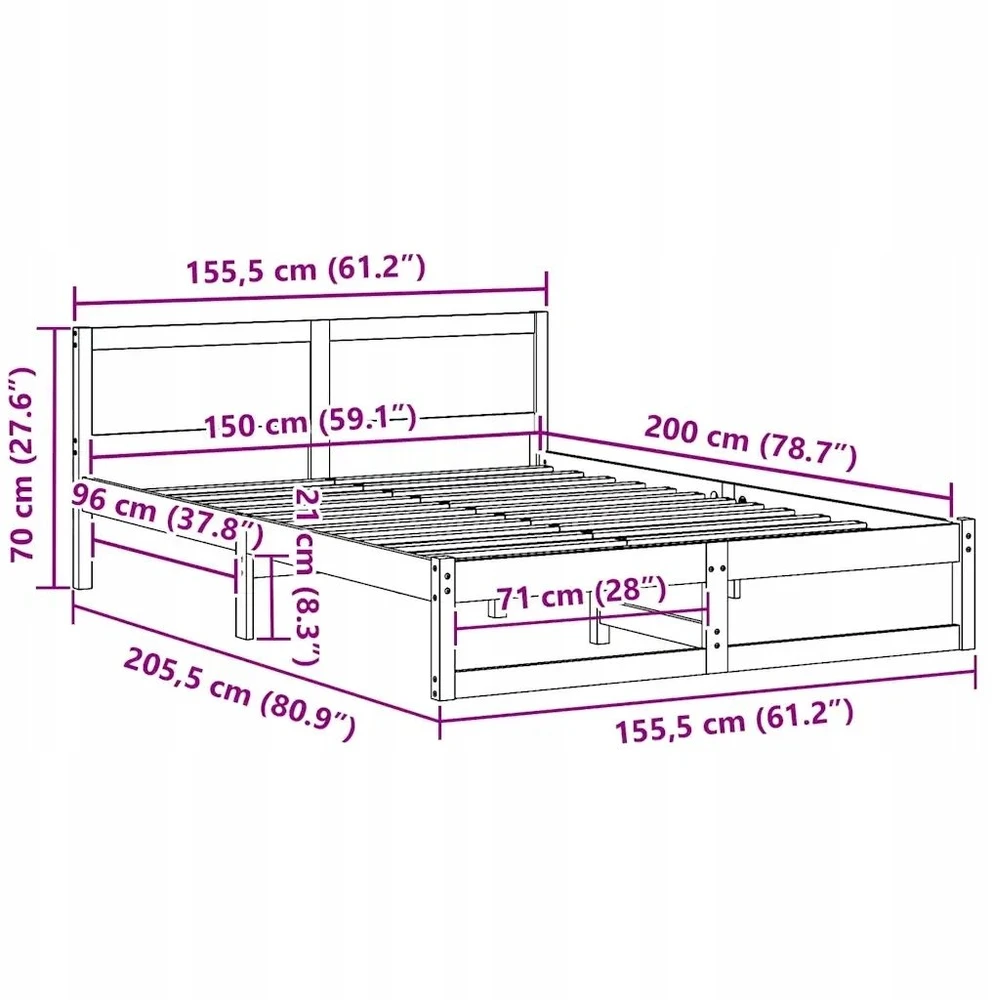 Lovos rėmas Balta 150 x 200 cm Kietos pušies mediena