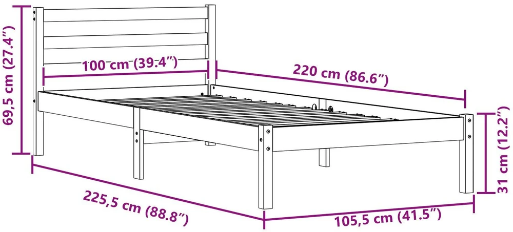 Lova Lovos rėmas Balta 225,5 x 105,5 x 69,5 cm Kietas pušies medis
