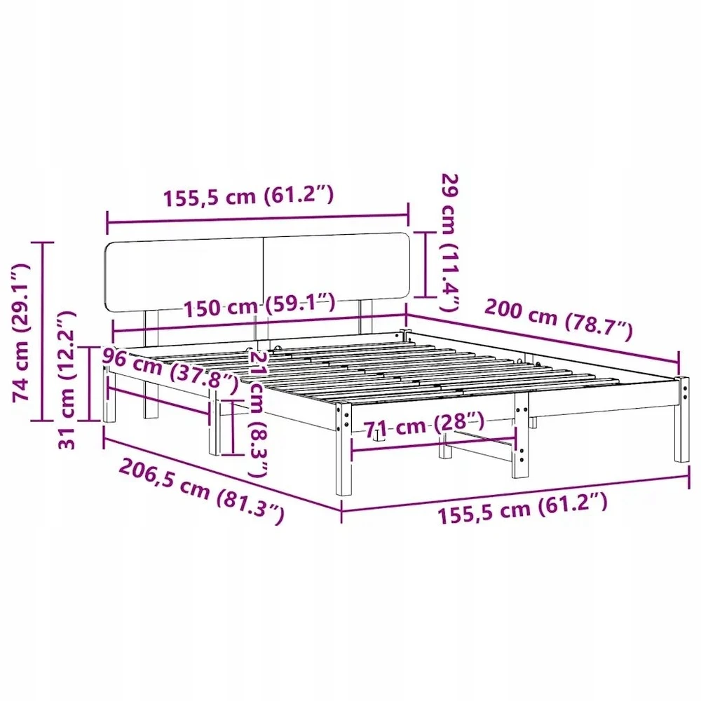 Lovos rėmas Balta 150 x 200 cm Kietos pušies mediena