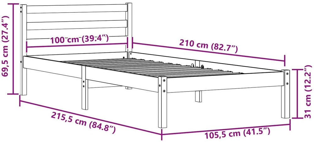 Lova Lovos rėmas Balta 215,5 x 105,5 x 69,5 cm Kietas pušies medis