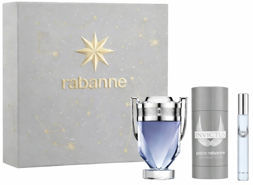 Set Paco Rabanne: Invictus Eau De Toilette For Men, 100 ml + Invictus Eau De Toilette For Men, 10 ml + Invictus Anti-Perspirant Dezodorantas Stick For Men, 75 g