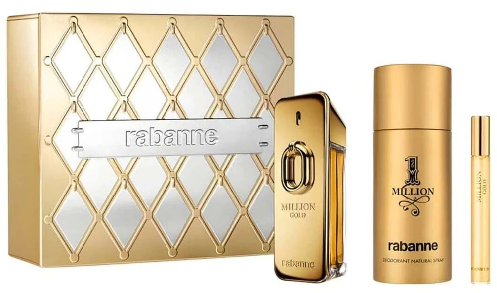 Set Paco Rabanne: Million Gold Eau De Parfum For Men, 100 ml + Million Gold Eau De Parfum For Men, 10 ml + 1 Million Anti-Perspirant Dezodorantas Purškiklis For Men, 150 ml
