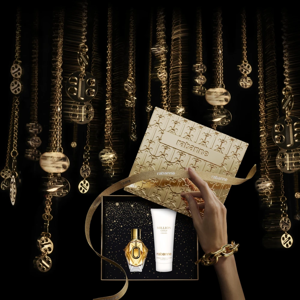 Set Paco Rabanne: Million Gold Hydrating Losjonas kūnui, 100 ml + Million Gold Eau De Parfum For Women Papildomas, 50 ml