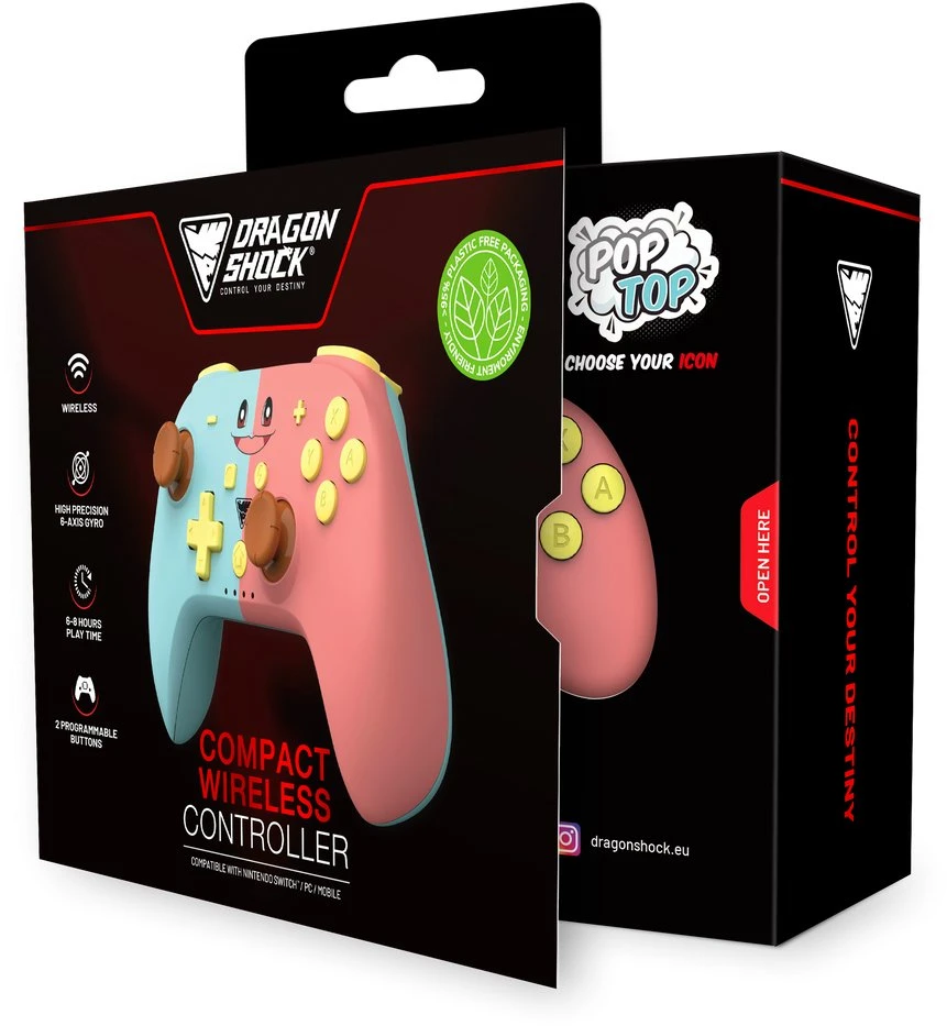 Carruzzo Dragonshock PopTop Mėlyna, Rožinė, Geltona, Ruda „Bluetooth“ Žaidimų pultelis Analoginis / skaitmeninis Nintendo Switch, PC