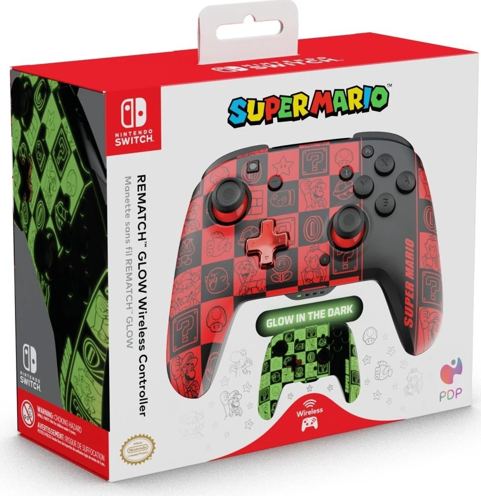 PDP REMATCH GLOW Belaidis valdiklis skirtas Nintendo Switch | Super Mario Icon | Juoda/Raudona