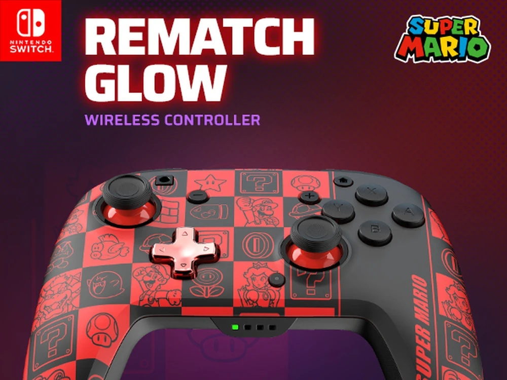 PDP REMATCH GLOW Belaidis valdiklis skirtas Nintendo Switch | Super Mario Icon | Juoda/Raudona