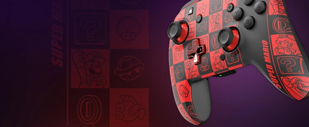 PDP REMATCH GLOW Belaidis valdiklis skirtas Nintendo Switch | Super Mario Icon | Juoda/Raudona