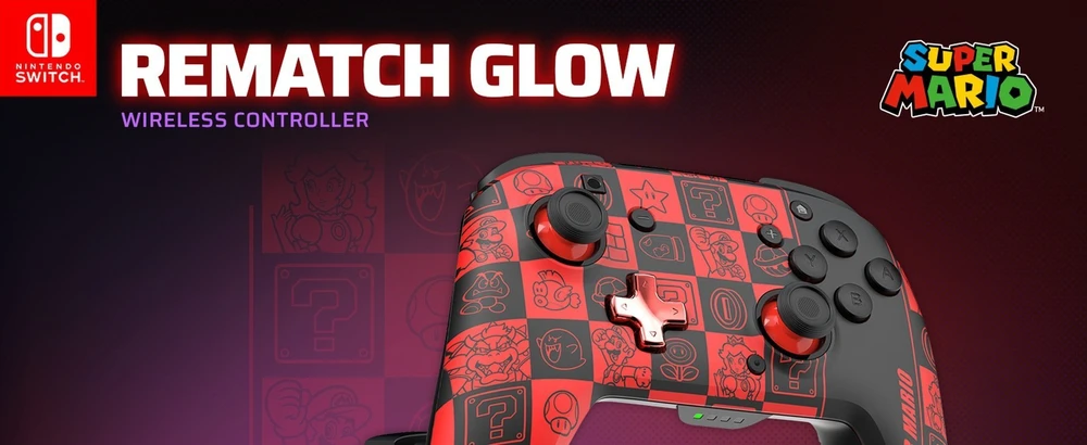 PDP REMATCH GLOW Belaidis valdiklis skirtas Nintendo Switch | Super Mario Icon | Juoda/Raudona