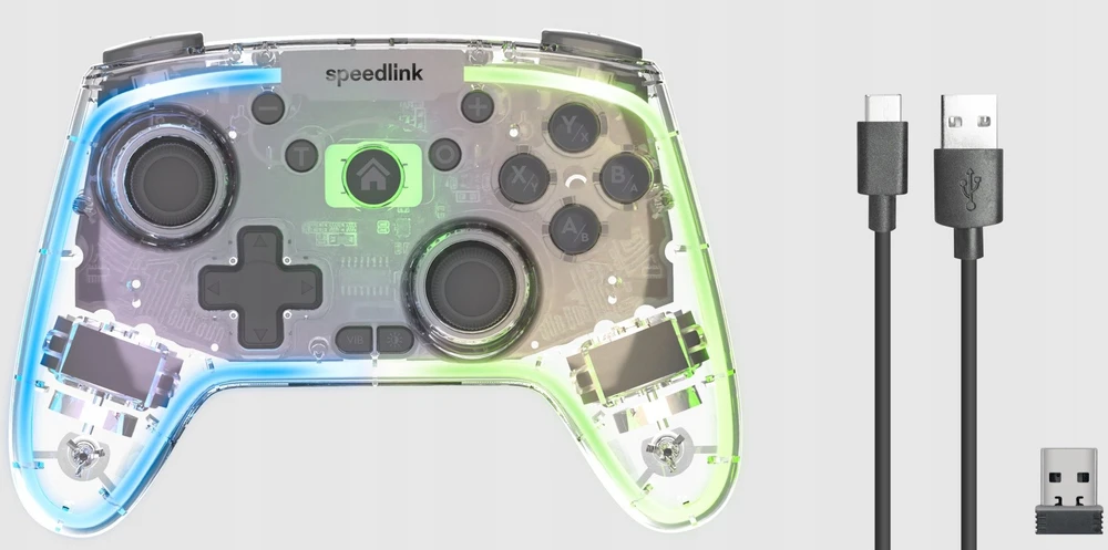 „Speedlink RAIT NX RGB“ belaidis/laidinis žaidimų pultas, skirtas asmeniniams kompiuteriams, „Android“ ir „Switch OLED“ bei „Lite“ įrenginiams, skaidrus ir skaidrus.