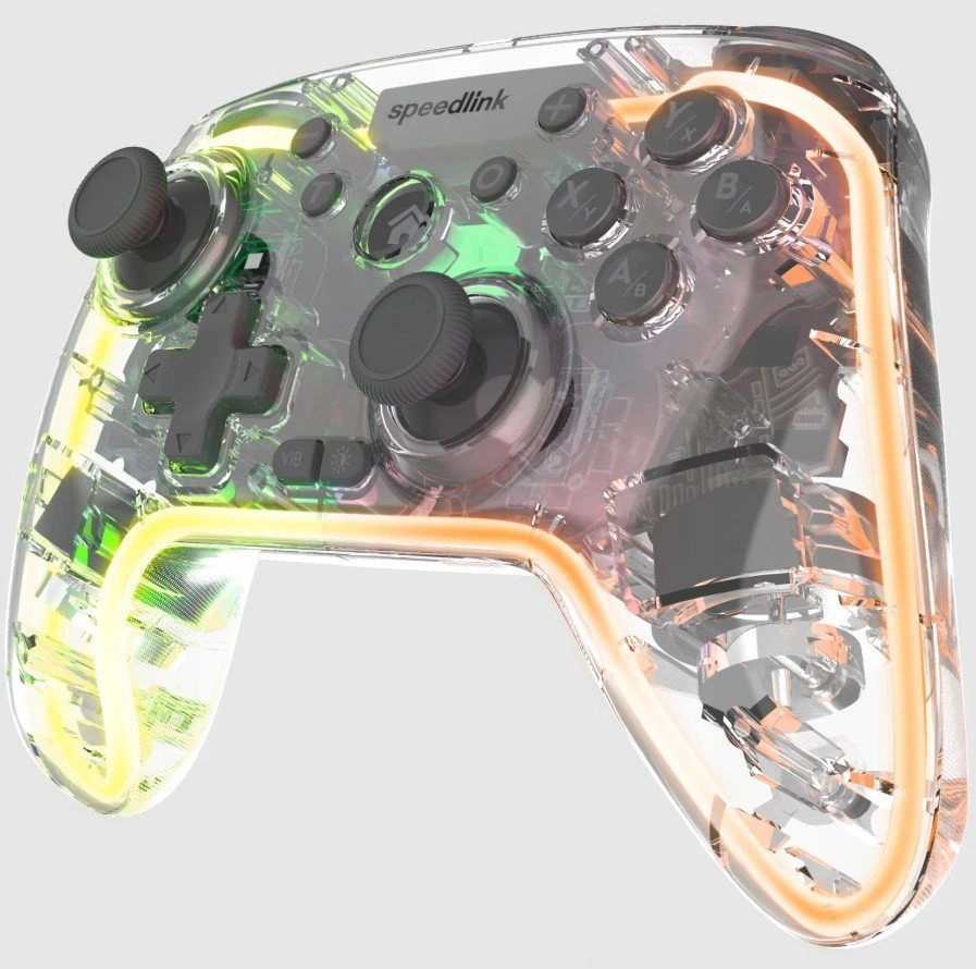 „Speedlink RAIT NX RGB“ belaidis/laidinis žaidimų pultas, skirtas asmeniniams kompiuteriams, „Android“ ir „Switch OLED“ bei „Lite“ įrenginiams, skaidrus ir skaidrus.