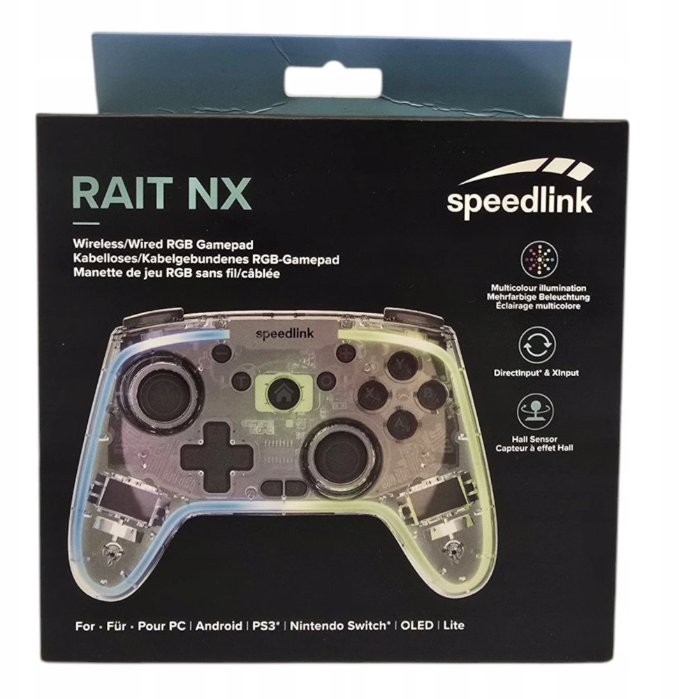 „Speedlink RAIT NX RGB“ belaidis/laidinis žaidimų pultas, skirtas asmeniniams kompiuteriams, „Android“ ir „Switch OLED“ bei „Lite“ įrenginiams, skaidrus ir skaidrus.