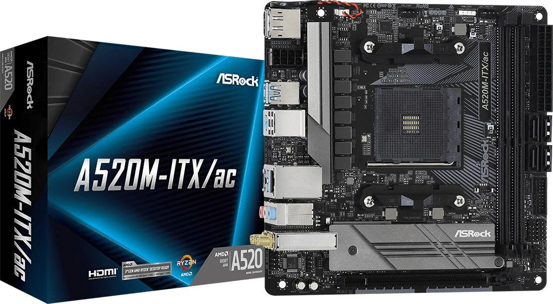 Pagrindinė plokštė ASROCK A520M-ITX/AC AM4 2xDDR4 1 x PCIe 3.0 x16 DisplayPort HDMI mITX MB