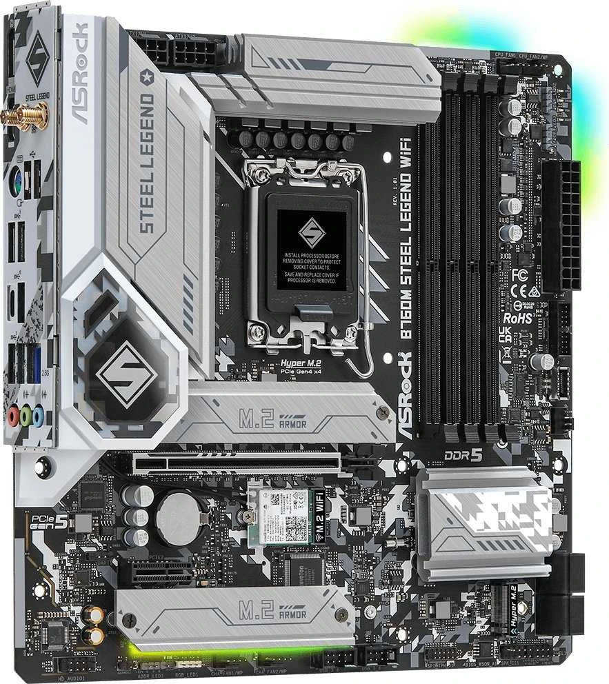 Pagrindinė plokštė ASROCK Intel B760 Express, LGA1700, Micro-ATX, Atmintis DDR5, Atminties lizdai 4, 1xPCI-Express 4.0 1x, 1xPCI-Express 5.0 16x, 4xM.2, 1xHDMI, 1xDisplayPort, 2xUSB, 2xUSB, 2x,3. 1xPS/2, 1xRJ45, 3xgarso prievadas, B760MSTEELLEGENDWIFI