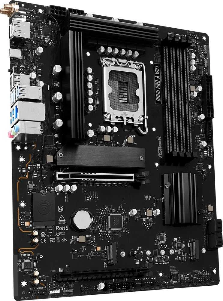Pagrindinė plokštė ASRock B860 PRO-A WIFI | Procesorių šeima Intel | Procesoriaus lizdas LGA1851 | DDR5 | Palaikomos kietojo disko sąsajos SATA, M.2 | SATA jungčių skaičius 4