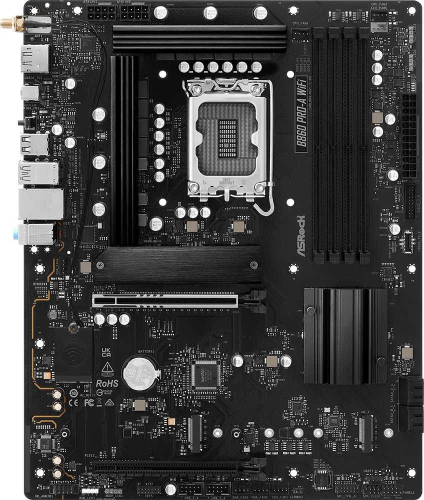 Pagrindinė plokštė ASRock B860 PRO-A WIFI | Procesorių šeima Intel | Procesoriaus lizdas LGA1851 | DDR5 | Palaikomos kietojo disko sąsajos SATA, M.2 | SATA jungčių skaičius 4