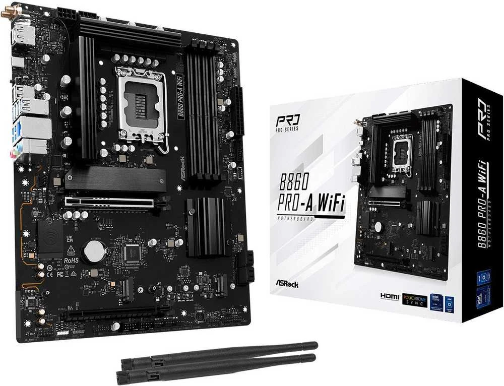 Pagrindinė plokštė ASRock B860 PRO-A WIFI | Procesorių šeima Intel | Procesoriaus lizdas LGA1851 | DDR5 | Palaikomos kietojo disko sąsajos SATA, M.2 | SATA jungčių skaičius 4