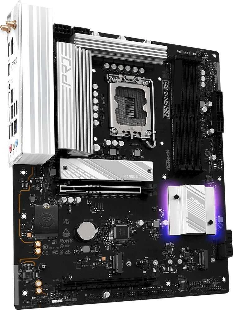 ASRock B860 PRO RS WIFI | Procesorių šeima Intel | Procesoriaus lizdas LGA1851 | DDR5 | Palaikomos kietojo disko sąsajos SATA, M.2 | SATA jungčių skaičius 4