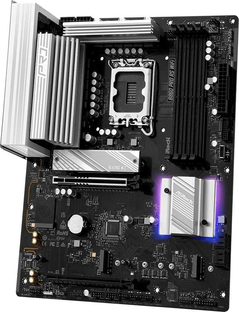 ASRock B860 PRO RS WIFI | Procesorių šeima Intel | Procesoriaus lizdas LGA1851 | DDR5 | Palaikomos kietojo disko sąsajos SATA, M.2 | SATA jungčių skaičius 4