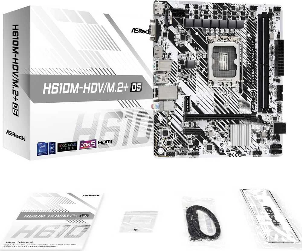Pagrindinė plokštė ASRock | H610M-HDV/M.2+ D5 | Procesorių šeima Intel | Procesoriaus lizdas LGA1700 | DDR5 DIMM | Palaikomos standžiojo disko sąsajos SATA3, M.2 | SATA jungčių skaičius 4