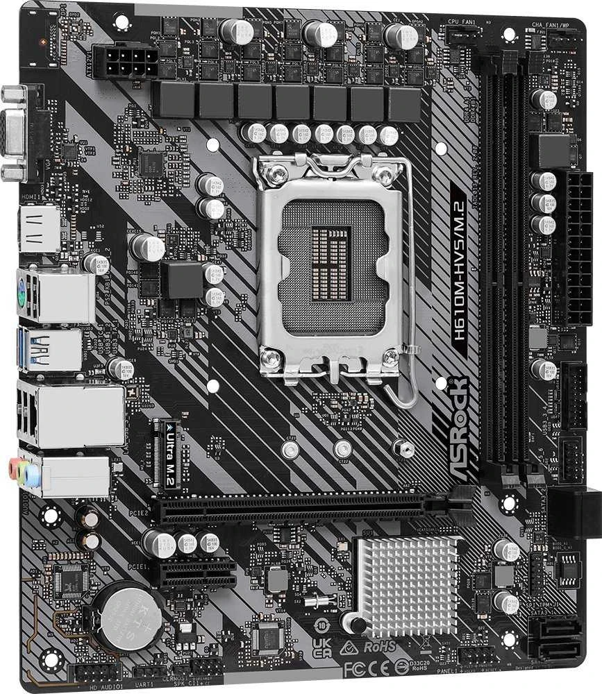 Pagrindinė plokštė ASROCK Intel H610/LGA1700/MicroATX/Memory DDR4/Atminties lizdai 2/1xPCI-Express 3.0 1x/1xPCI-Express 4.0 16x/1xM.2/1x15pin D-sub/1xHDMI/1xAudio-In/1xAudio-Out/1xMikrofonas/4xUSB 2.0/2xUSB 3.2