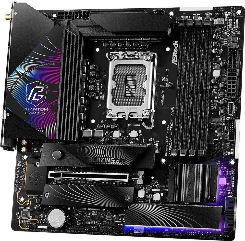 ASROCK MB Desktop Z890 Riptide Wi-Fi S1851, 4x DDR5, 1x PCIe 5.0 x16, 1x PCIe 4.0 x16, 1x PCIe 3.0 x1, 1x Blazing M.2, 4x Hyper M.2, 8x USB-6x3, 8x USB-6x3 USB 2.0, Killer E3100 2,5 GB, 802.11be Wi-Fi 7 + Bluetooth, 1x HDMI, 1x DP 1.4, ATX