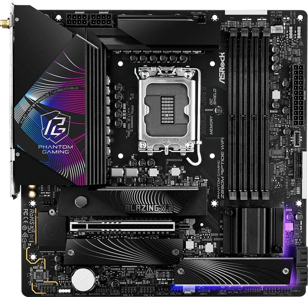 ASROCK MB Desktop Z890 Riptide Wi-Fi S1851, 4x DDR5, 1x PCIe 5.0 x16, 1x PCIe 4.0 x16, 1x PCIe 3.0 x1, 1x Blazing M.2, 4x Hyper M.2, 8x USB-6x3, 8x USB-6x3 USB 2.0, Killer E3100 2,5 GB, 802.11be Wi-Fi 7 + Bluetooth, 1x HDMI, 1x DP 1.4, ATX