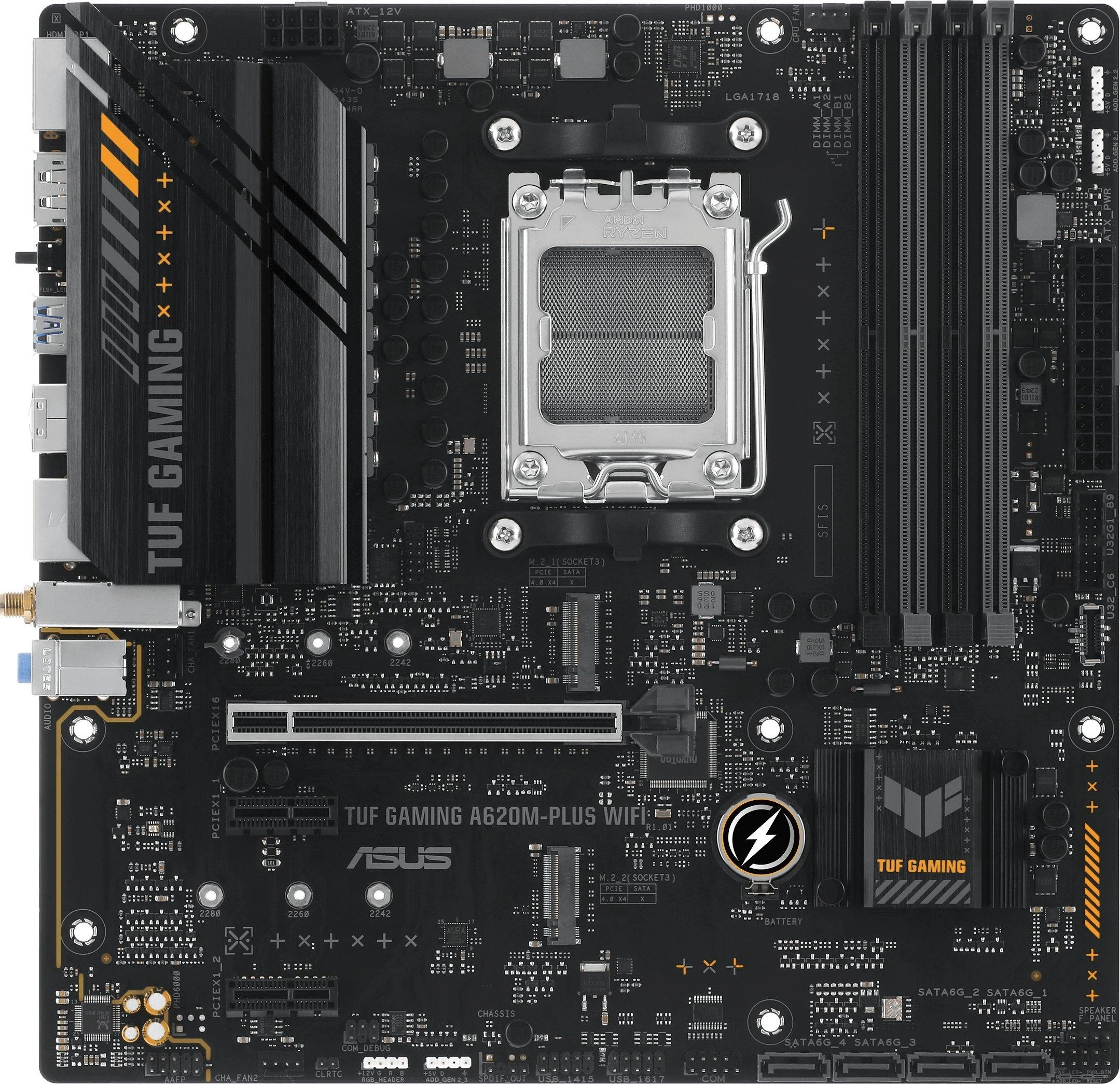 Pagrindinė plokštė Asus | TUF GAMING A620M-PLUS WIFI | Procesorių šeima AMD | Procesoriaus lizdas AM5 | DDR5 DIMM | Atminties lizdai 4 | Palaikomos standžiojo disko sąsajos SATA, M.2 | SATA jungčių skaičius 4 | Lustų rinkinys AMD A620 | Mikro-ATX