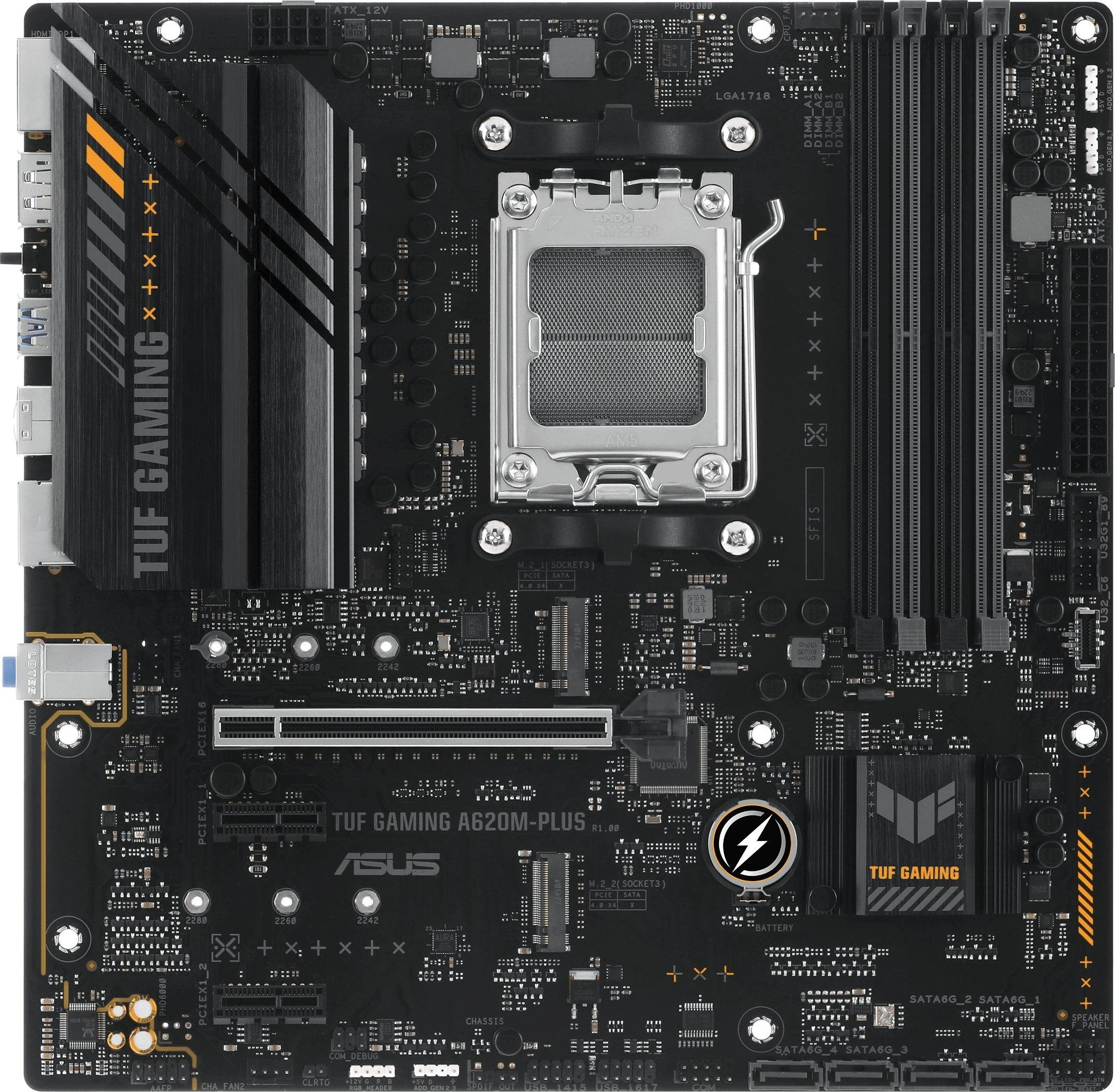 Pagrindinė plokštė Asus | TUF GAMING A620M-PLUS | Procesorių šeima AMD | Procesoriaus lizdas AM5 | DDR5 DIMM | Atminties lizdai 4 | Palaikomos standžiojo disko sąsajos SATA, M.2 | SATA jungčių skaičius 4 | Lustų rinkinys AMD A620 | Mikro-ATX