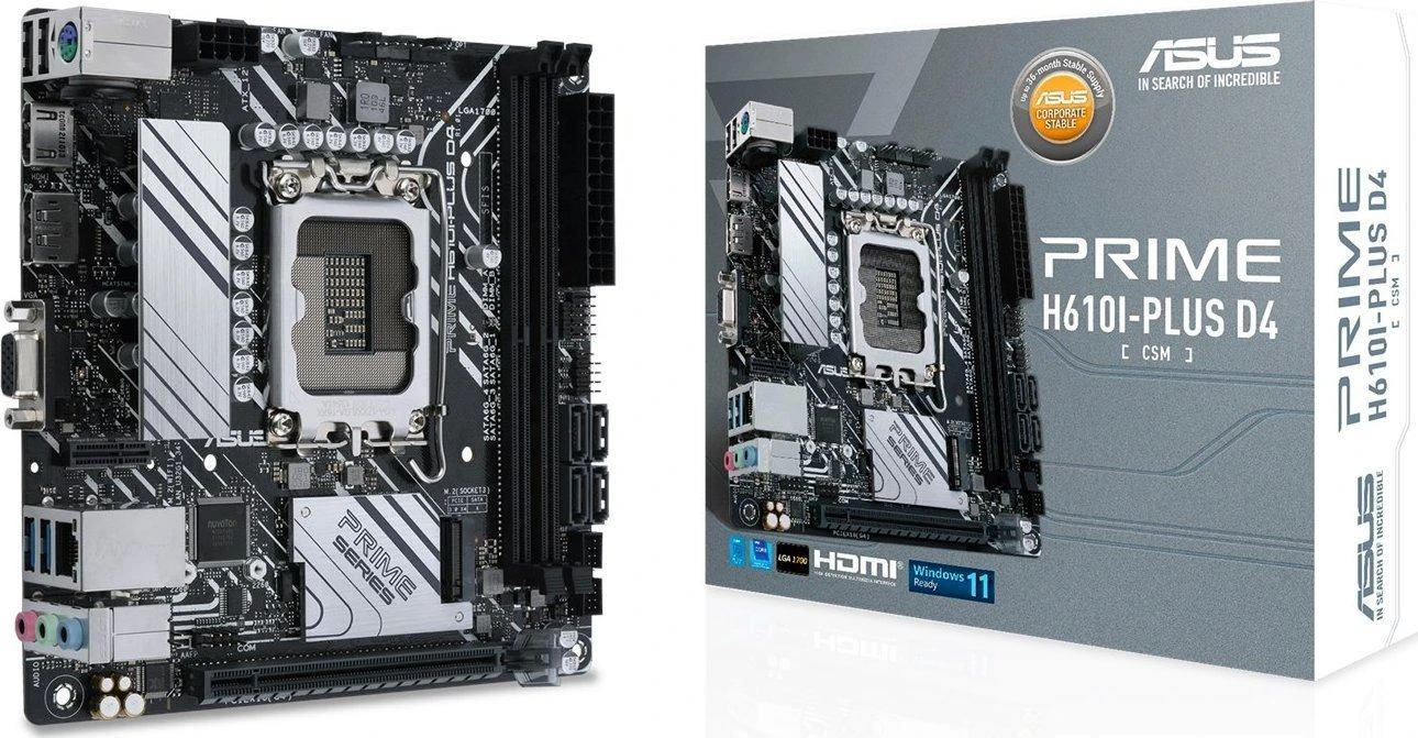 Pagrindinė plokštė Asus | PRIME H610I-PLUS D4-CSM | Procesorių šeima Intel | Procesoriaus lizdas LGA1700 | DDR4 DIMM | Atminties lizdai 2 | Palaikomos standžiojo disko sąsajos SATA, M.2 | SATA jungčių skaičius 4 | Mikroschemų rinkinys Intel H610 | Mini ITX