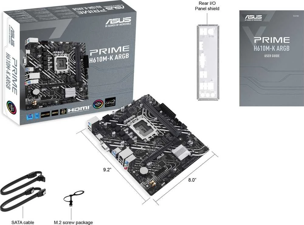Pagrindinė plokštė „Asus“ | Procesorių šeima „Intel H610“ | Procesoriaus lizdas LGA1700 | 2 DIMM lizdai - DDR5, be ECC, nebuferiniai | Palaikomos standžiojo disko sąsajos SATA-600, 1 x M.2 | SATA jungčių skaičius: 4