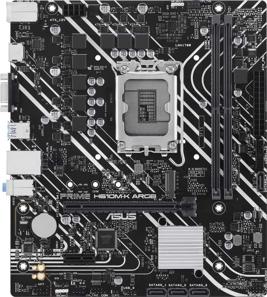 Pagrindinė plokštė „Asus“ | Procesorių šeima „Intel H610“ | Procesoriaus lizdas LGA1700 | 2 DIMM lizdai - DDR5, be ECC, nebuferiniai | Palaikomos standžiojo disko sąsajos SATA-600, 1 x M.2 | SATA jungčių skaičius: 4