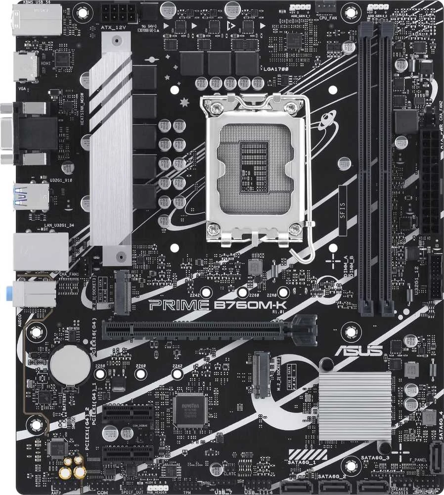 Pagrindinė plokštė „Asus PRIME B760M-K“ procesorių šeima „Intel“ procesoriaus lizdas LGA1700 DDR5 DIMM Atminties lizdai 2 Palaikomos standžiojo disko sąsajos SATA, M.2 SATA jungčių skaičius 4 Lustų rinkinys „Intel B760 mATX“