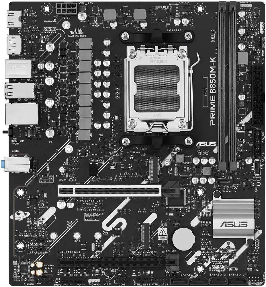 Pagrindinė plokštė Asus PRIME B850M-K | Procesorių šeima AMD | Procesoriaus lizdas AM5 | DDR5 | Palaikomos standžiojo disko sąsajos SATA, M.2 | SATA jungčių skaičius 4