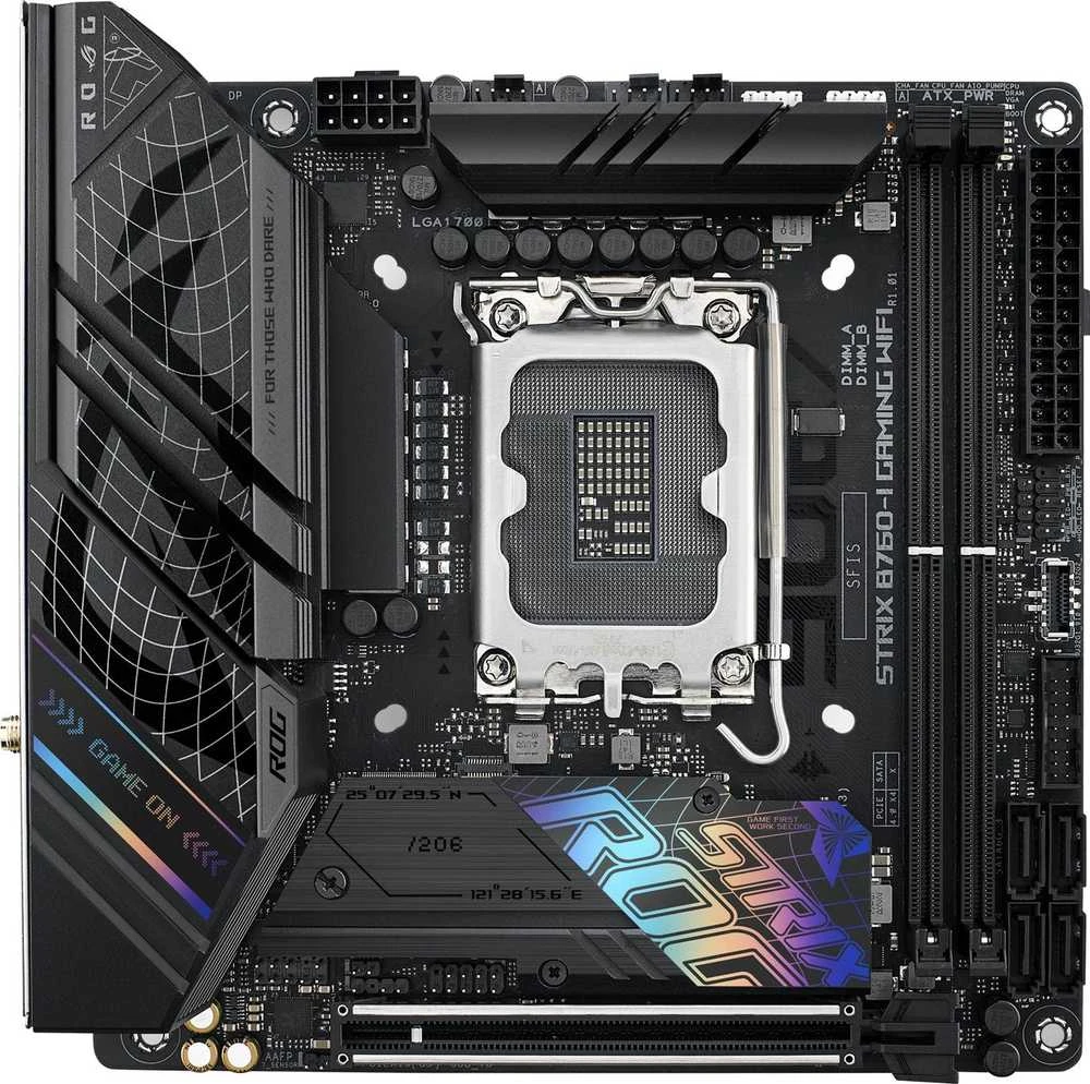 Pagrindinė plokštė ASUS Intel B760 Express / LGA1700 / Mini-ITX / Atmintis DDR5 / Atminties lizdai 2 / 1xPCI-Express 5.0 16x / 2xM.2 / 1xHDMI / 1xDisplayPort / 3xUSB 2.0 / 3xUSB 3.2 / 2xUSB-5  /  STRIXB760-IGAMINGWIFI