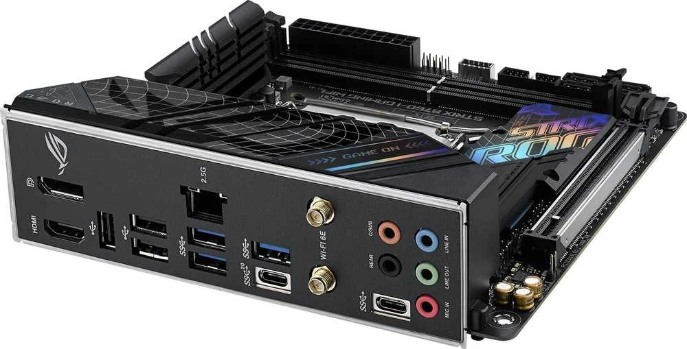 Pagrindinė plokštė ASUS Intel B760 Express / LGA1700 / Mini-ITX / Atmintis DDR5 / Atminties lizdai 2 / 1xPCI-Express 5.0 16x / 2xM.2 / 1xHDMI / 1xDisplayPort / 3xUSB 2.0 / 3xUSB 3.2 / 2xUSB-5  /  STRIXB760-IGAMINGWIFI