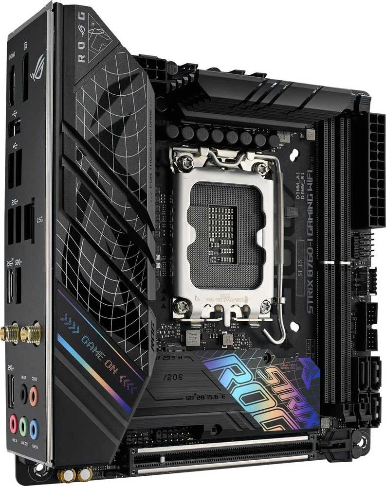 Pagrindinė plokštė ASUS Intel B760 Express / LGA1700 / Mini-ITX / Atmintis DDR5 / Atminties lizdai 2 / 1xPCI-Express 5.0 16x / 2xM.2 / 1xHDMI / 1xDisplayPort / 3xUSB 2.0 / 3xUSB 3.2 / 2xUSB-5  /  STRIXB760-IGAMINGWIFI