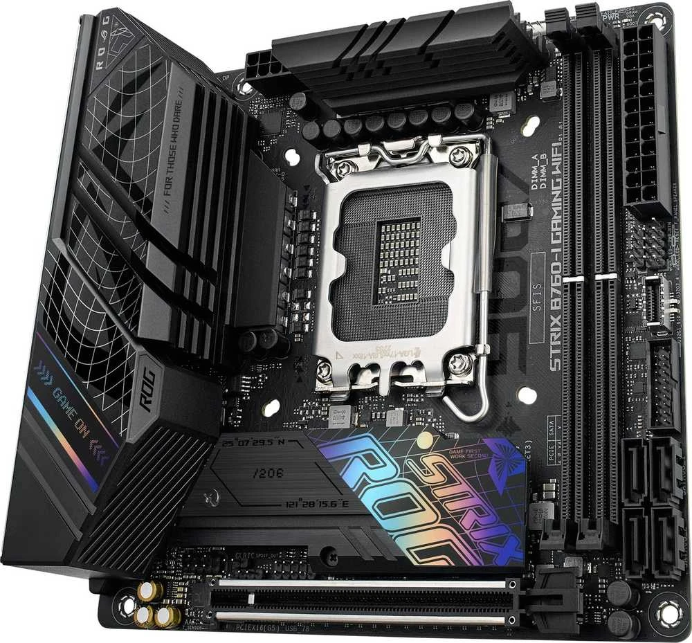 Pagrindinė plokštė ASUS Intel B760 Express / LGA1700 / Mini-ITX / Atmintis DDR5 / Atminties lizdai 2 / 1xPCI-Express 5.0 16x / 2xM.2 / 1xHDMI / 1xDisplayPort / 3xUSB 2.0 / 3xUSB 3.2 / 2xUSB-5  /  STRIXB760-IGAMINGWIFI