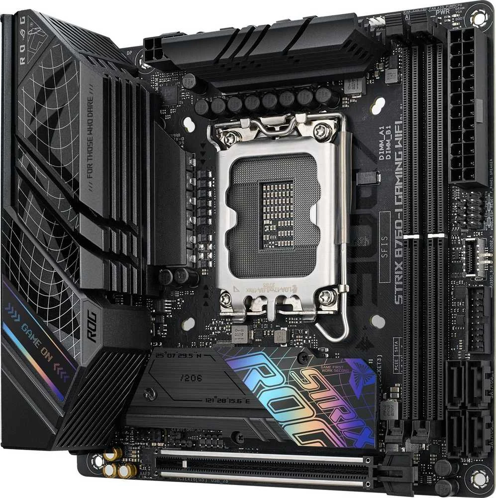 Pagrindinė plokštė ASUS Intel B760 Express / LGA1700 / Mini-ITX / Atmintis DDR5 / Atminties lizdai 2 / 1xPCI-Express 5.0 16x / 2xM.2 / 1xHDMI / 1xDisplayPort / 3xUSB 2.0 / 3xUSB 3.2 / 2xUSB-5  /  STRIXB760-IGAMINGWIFI
