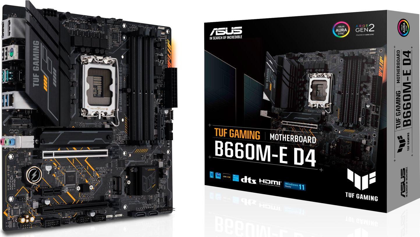 Pagrindinė plokštė Asus TUF GAMING B660M-E D4 Procesorių šeima Intel procesoriaus lizdas LGA1700 DDR4 DIMM Atminties lizdai 4 Palaikomos standžiojo disko sąsajos SATA, M.2 SATA jungčių skaičius 4 Mikroschemų rinkinys Intel B660 microATX