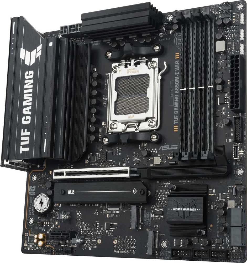 ASUS TUF GAMING B850M-E WIFI AMD AM5 mATX pagrindinė plokštė 4xDDR5 PCIe 5.0 3xM.2 1xHDMI 1xDisplayPort 4xSATA