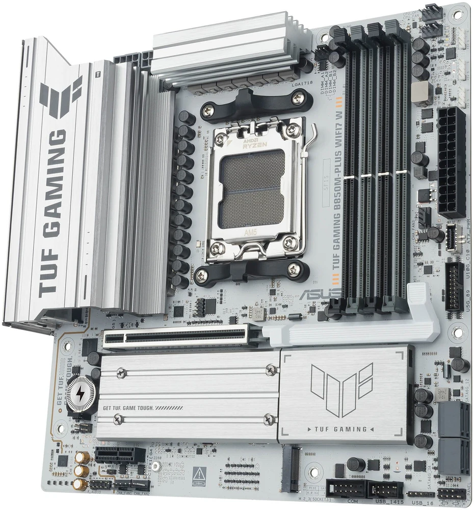 Pagrindinė plokštė Asus TUF GAMING B850M-PLUS WIFI7 W | Procesorių šeima AMD | Procesoriaus lizdas AM5 | DDR5 | Palaikomos standžiojo disko sąsajos SATA, M.2 | SATA jungčių skaičius 4