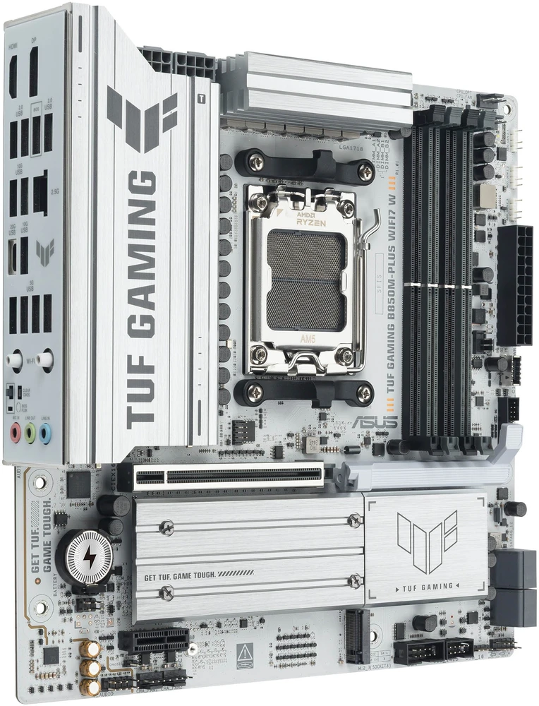 Pagrindinė plokštė Asus TUF GAMING B850M-PLUS WIFI7 W | Procesorių šeima AMD | Procesoriaus lizdas AM5 | DDR5 | Palaikomos standžiojo disko sąsajos SATA, M.2 | SATA jungčių skaičius 4