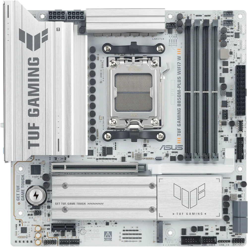 Pagrindinė plokštė Asus TUF GAMING B850M-PLUS WIFI7 W | Procesorių šeima AMD | Procesoriaus lizdas AM5 | DDR5 | Palaikomos standžiojo disko sąsajos SATA, M.2 | SATA jungčių skaičius 4