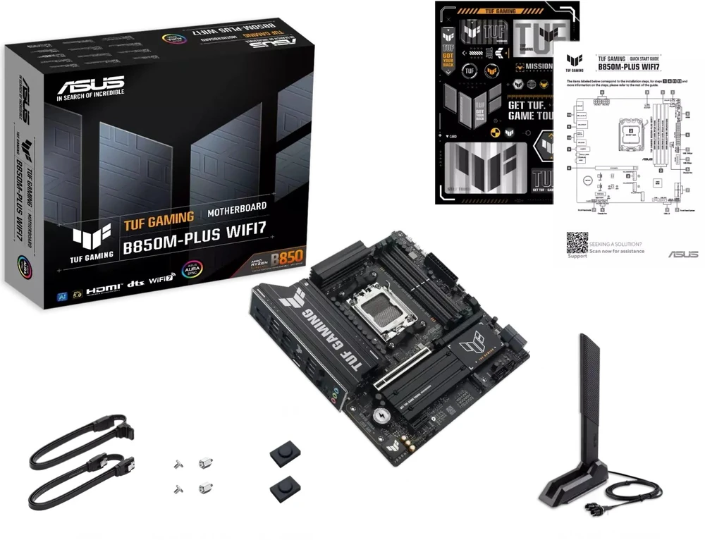 Pagrindinė plokštė „Asus TUF GAMING B850M-PLUS WIFI7“ | Procesorių šeima AMD | Procesoriaus lizdas AM5 | DDR5 | Palaikomos standžiojo disko sąsajos SATA, M.2 | SATA jungčių skaičius 4