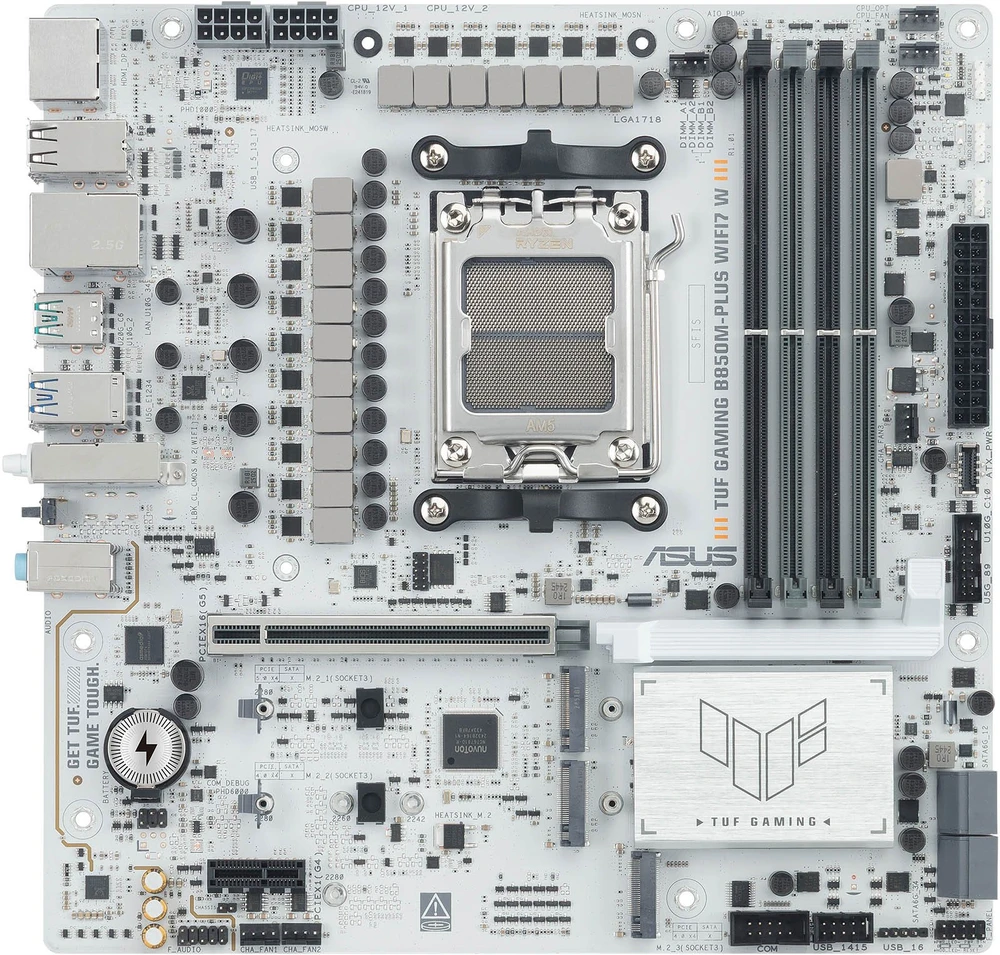 Pagrindinė plokštė Asus TUF GAMING B850M-PLUS WIFI7 W | Procesorių šeima AMD | Procesoriaus lizdas AM5 | DDR5 | Palaikomos standžiojo disko sąsajos SATA, M.2 | SATA jungčių skaičius 4