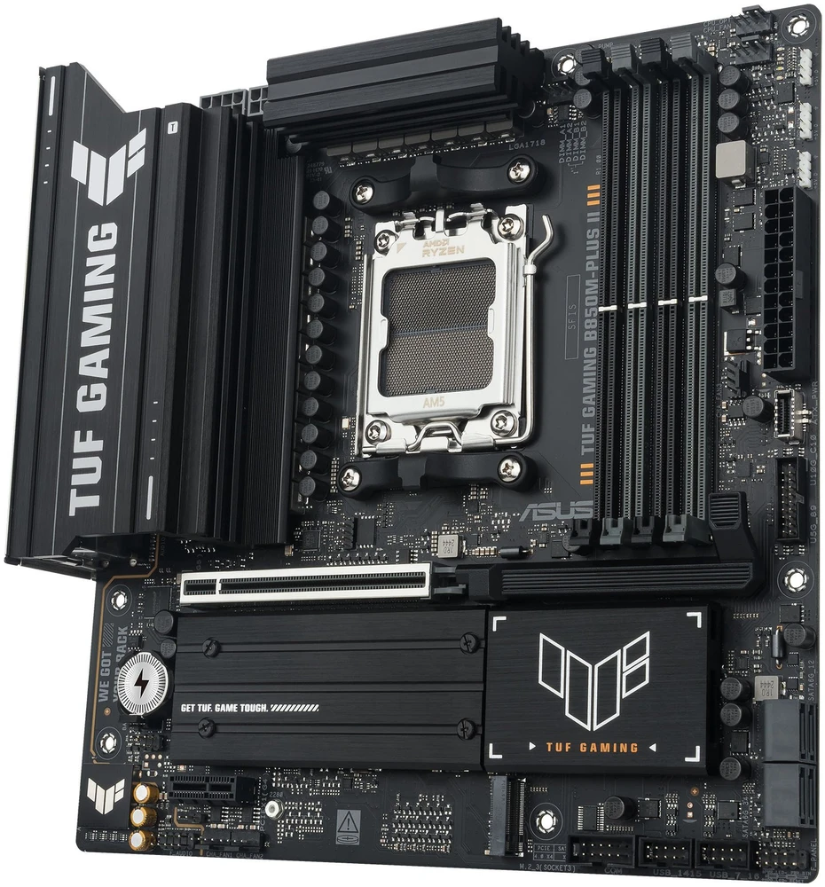 Pagrindinė plokštė „Asus TUF GAMING B850M-PLUS II“ | Procesorių šeima AMD | Procesoriaus lizdas AM5 | DDR5 | Palaikomos standžiojo disko sąsajos SATA, M.2 | SATA jungčių skaičius 4