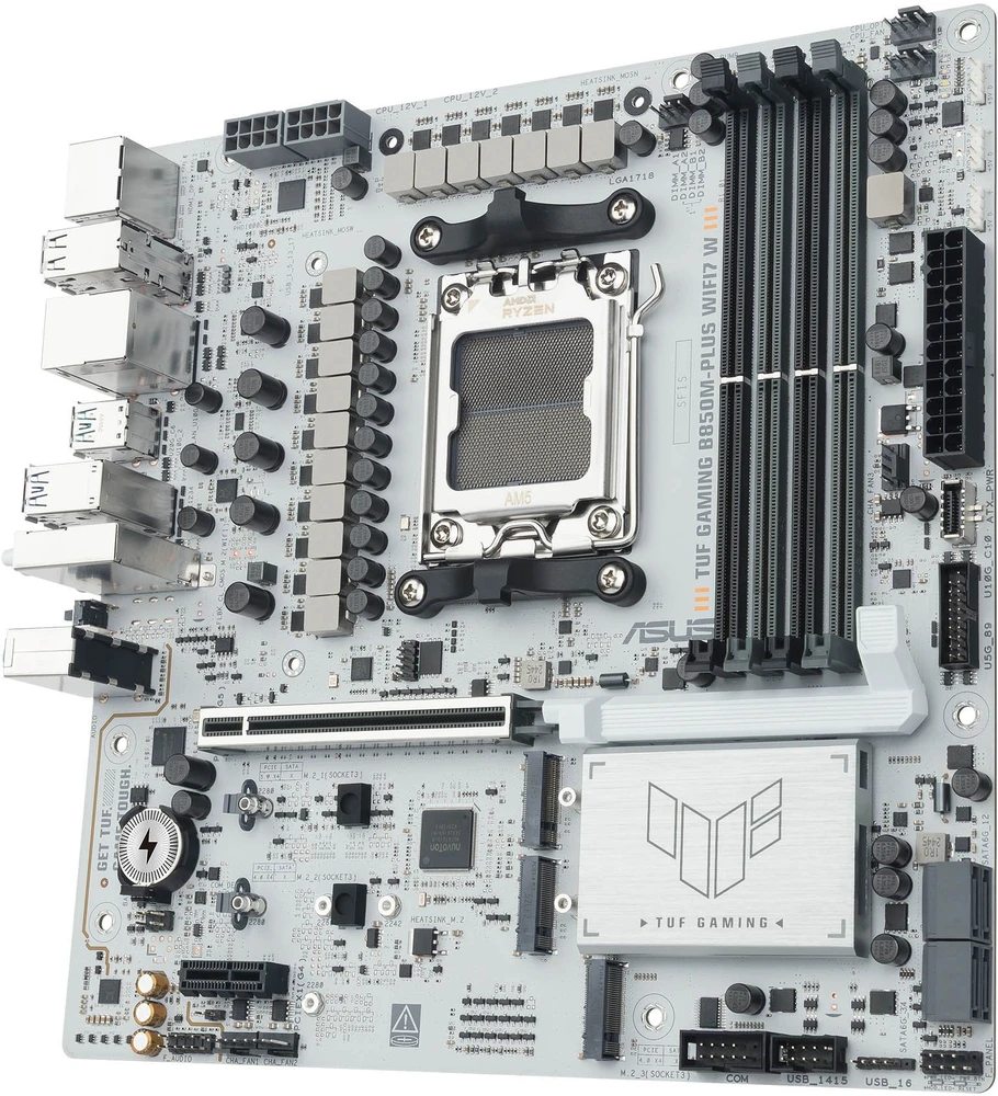 Pagrindinė plokštė Asus TUF GAMING B850M-PLUS WIFI7 W | Procesorių šeima AMD | Procesoriaus lizdas AM5 | DDR5 | Palaikomos standžiojo disko sąsajos SATA, M.2 | SATA jungčių skaičius 4