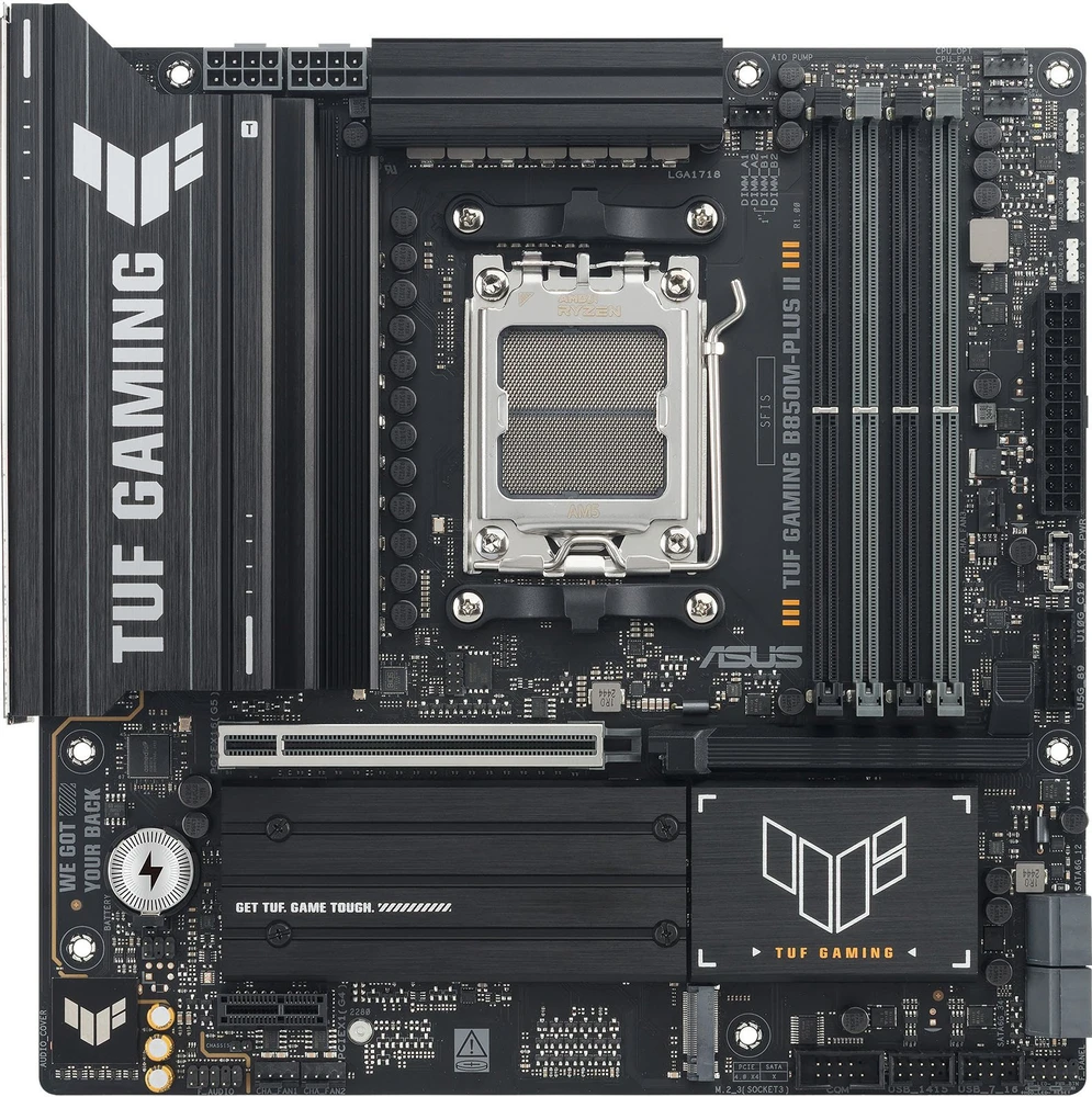 Pagrindinė plokštė „Asus TUF GAMING B850M-PLUS II“ | Procesorių šeima AMD | Procesoriaus lizdas AM5 | DDR5 | Palaikomos standžiojo disko sąsajos SATA, M.2 | SATA jungčių skaičius 4